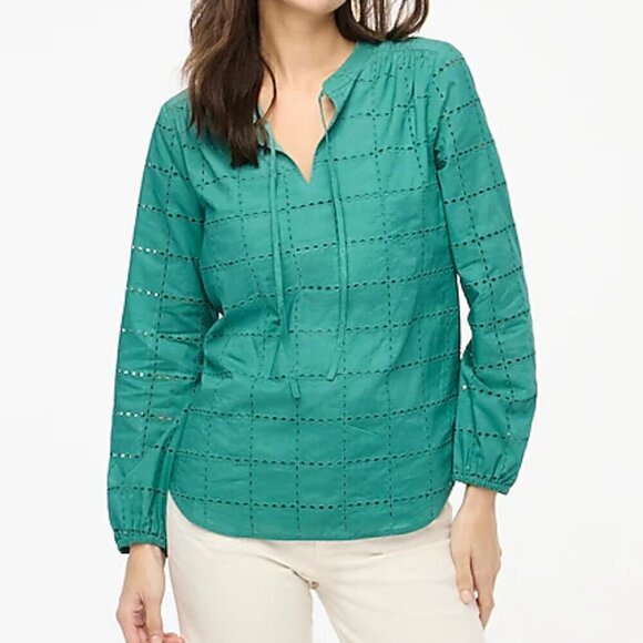 J. Crew Factory Tops - J. Crew Long Sleeve Lightweight Cotton Eyelet Tie Neck Top Size S NWT